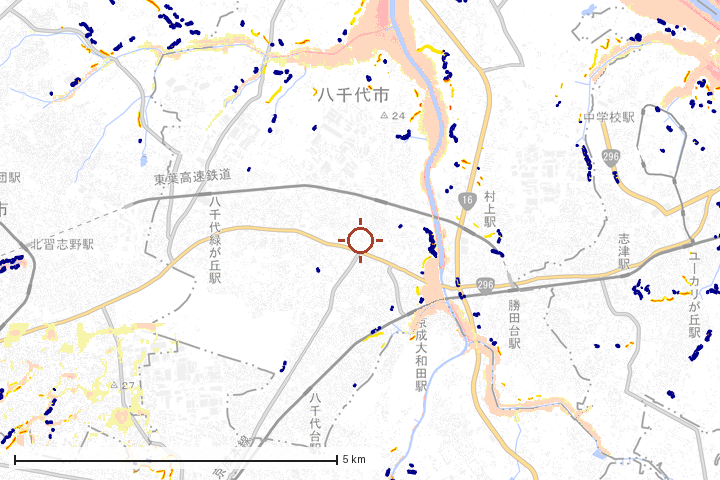 八千代市周辺のハザード重ね図
