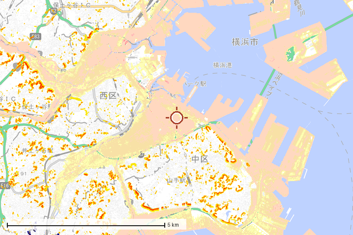 横浜市中区周辺のハザード重ね図