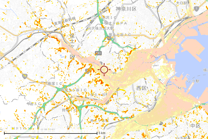 横浜市保土ケ谷区周辺のハザード重ね図