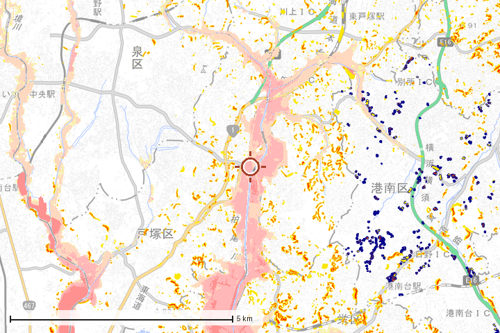 横浜市戸塚区周辺のハザード重ね図