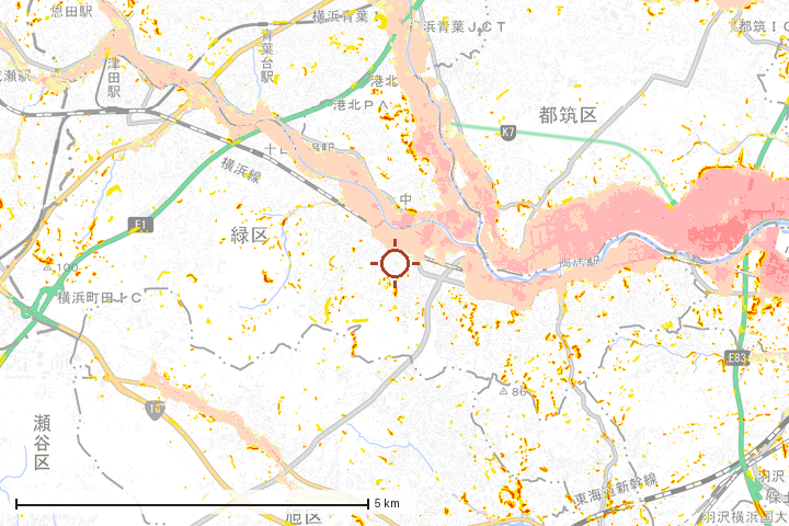 横浜市緑区周辺のハザード重ね図