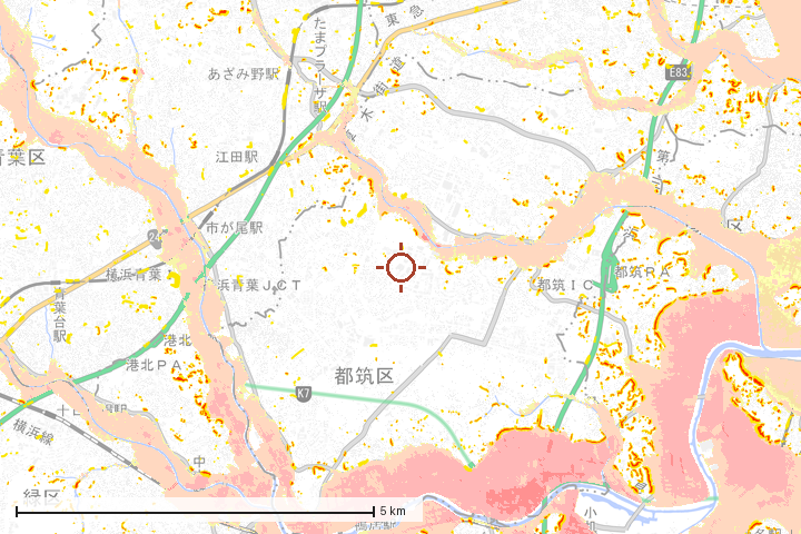 横浜市都筑区周辺のハザード重ね図