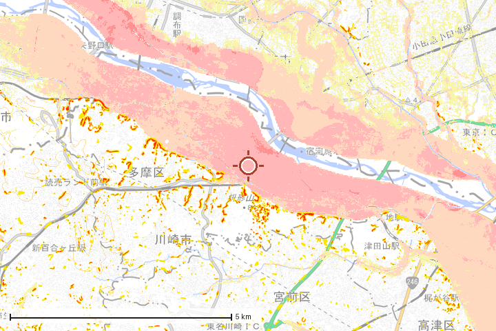 川崎市多摩区周辺のハザード重ね図