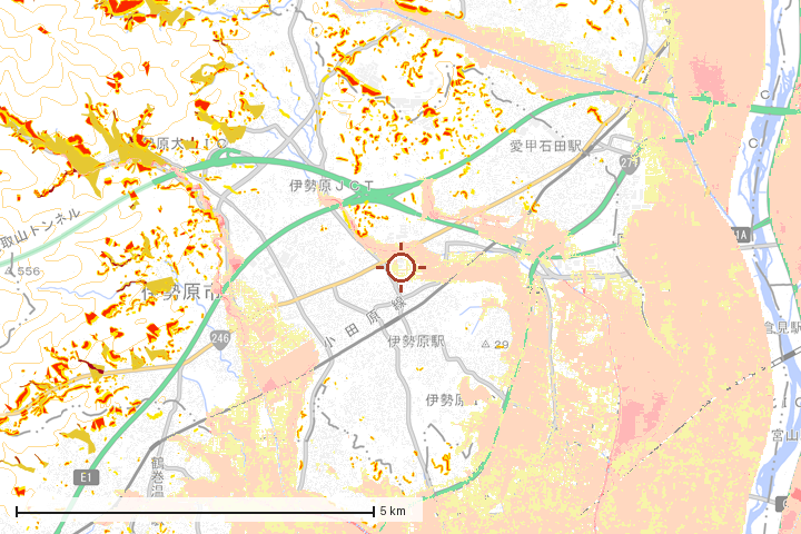 伊勢原市周辺のハザード重ね図