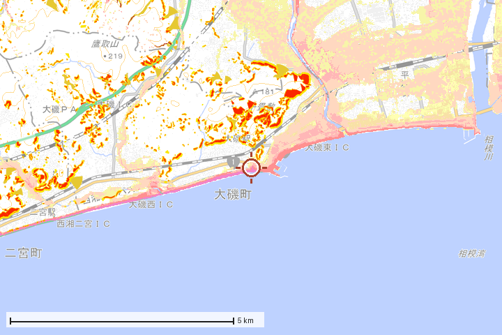 大磯町周辺のハザード重ね図