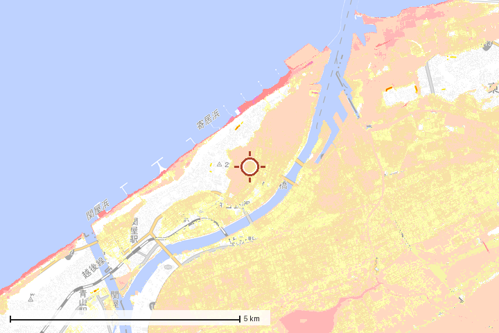 新潟市中央区周辺のハザード重ね図