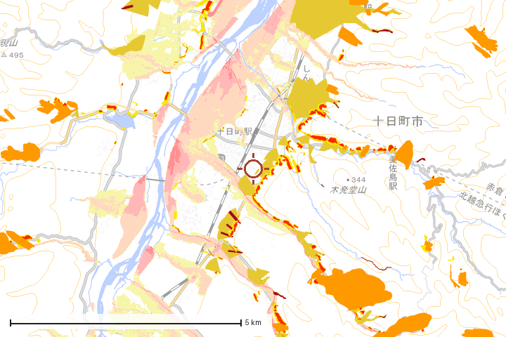 十日町市周辺のハザード重ね図