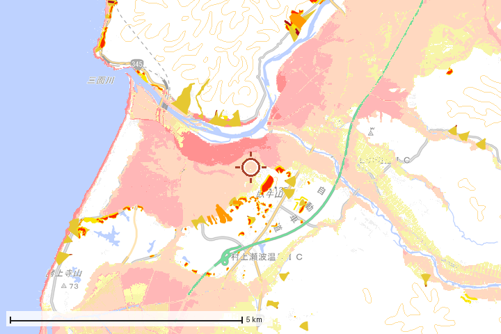 村上市周辺のハザード重ね図
