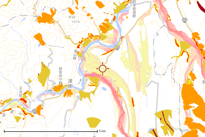 津南町周辺のハザード重ね図