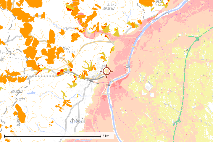 小矢部市周辺のハザード重ね図