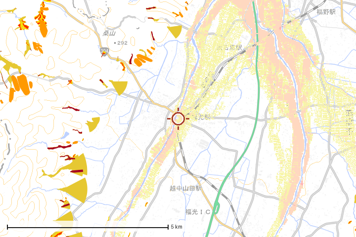 南砺市周辺のハザード重ね図
