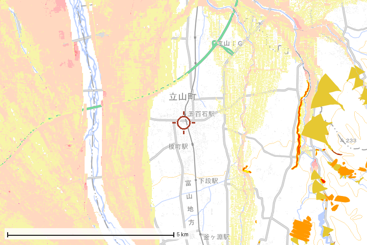 立山町周辺のハザード重ね図