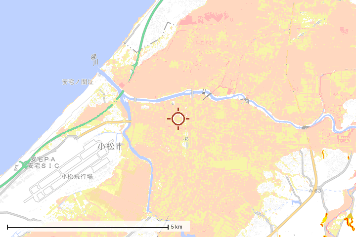 小松市周辺のハザード重ね図
