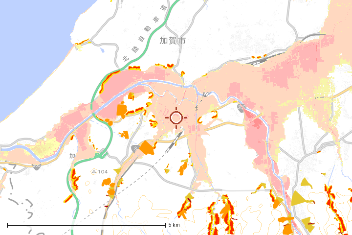 加賀市周辺のハザード重ね図