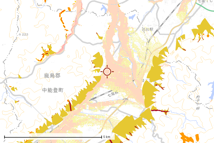 中能登町周辺のハザード重ね図