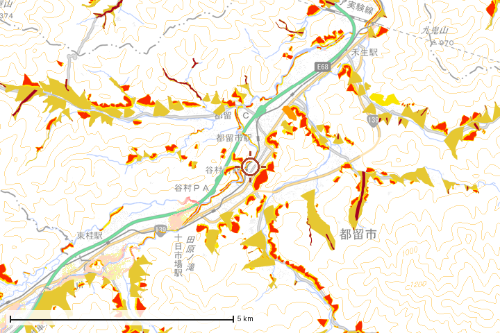 都留市周辺のハザード重ね図