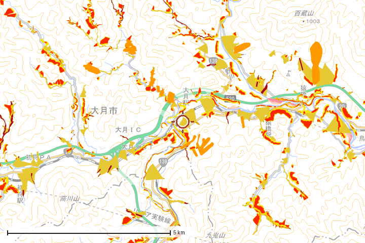 大月市周辺のハザード重ね図