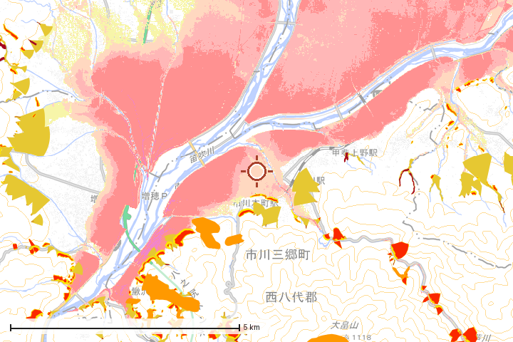市川三郷町周辺のハザード重ね図