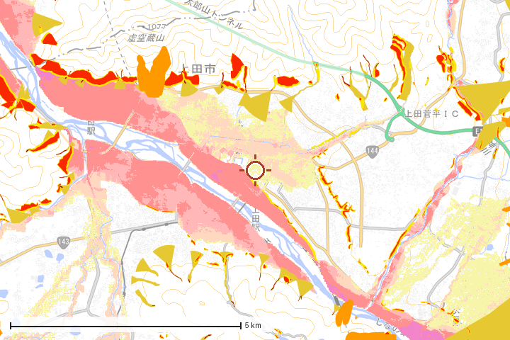 上田市周辺のハザード重ね図