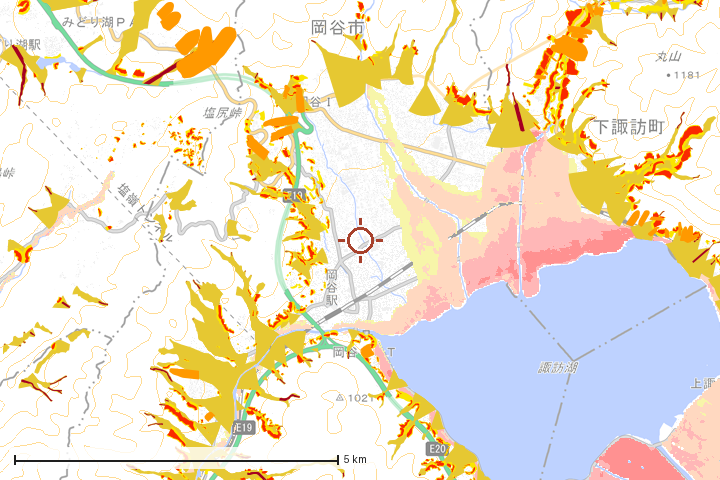 岡谷市周辺のハザード重ね図