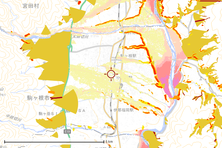 駒ヶ根市周辺のハザード重ね図