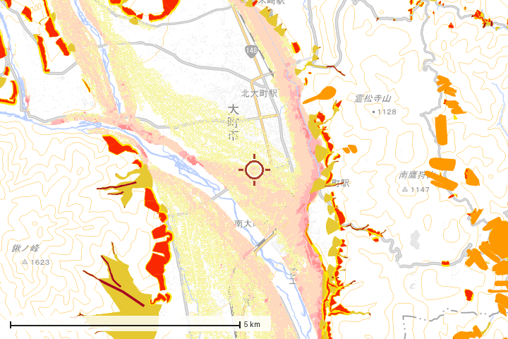 大町市周辺のハザード重ね図