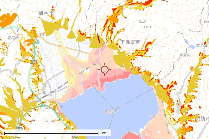 下諏訪町周辺のハザード重ね図