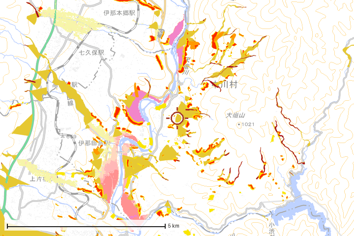 中川村周辺のハザード重ね図
