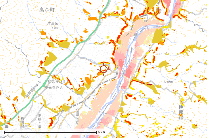 高森町周辺のハザード重ね図
