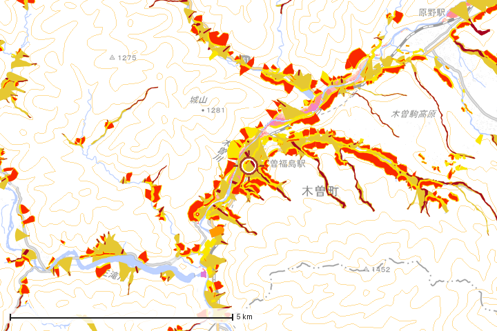 木曽町周辺のハザード重ね図