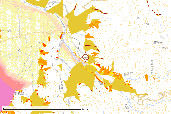 山ノ内町周辺のハザード重ね図