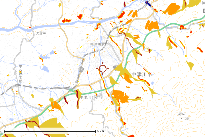 中津川市周辺のハザード重ね図
