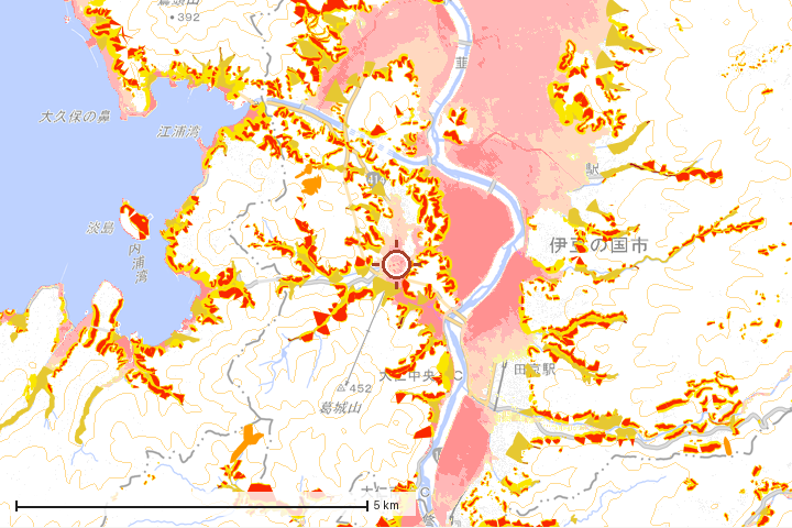 伊豆の国市周辺のハザード重ね図