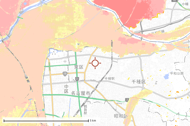 名古屋市東区周辺のハザード重ね図