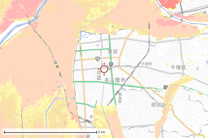 名古屋市中区周辺のハザード重ね図