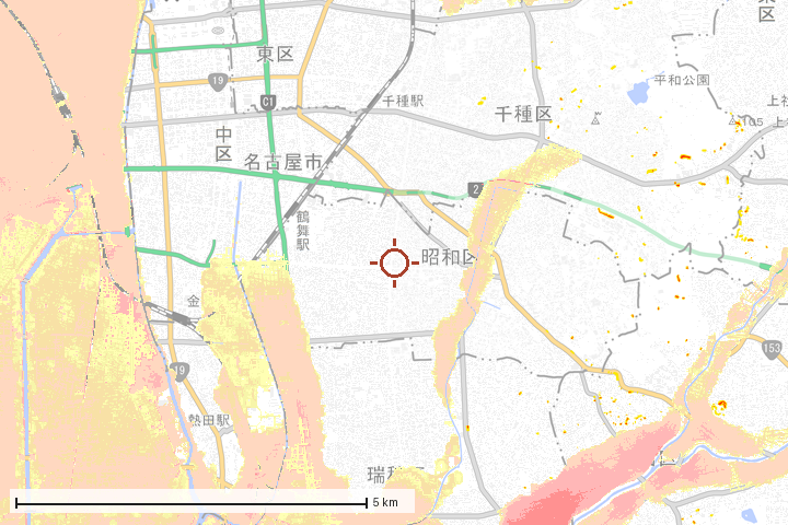 名古屋市昭和区周辺のハザード重ね図