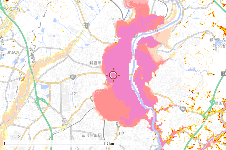 豊田市周辺のハザード重ね図