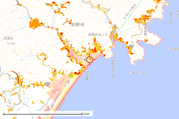 熊野市周辺のハザード重ね図