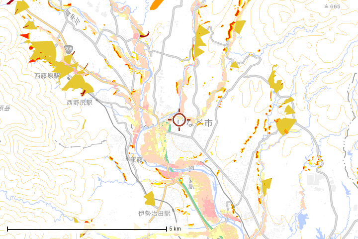 いなべ市周辺のハザード重ね図