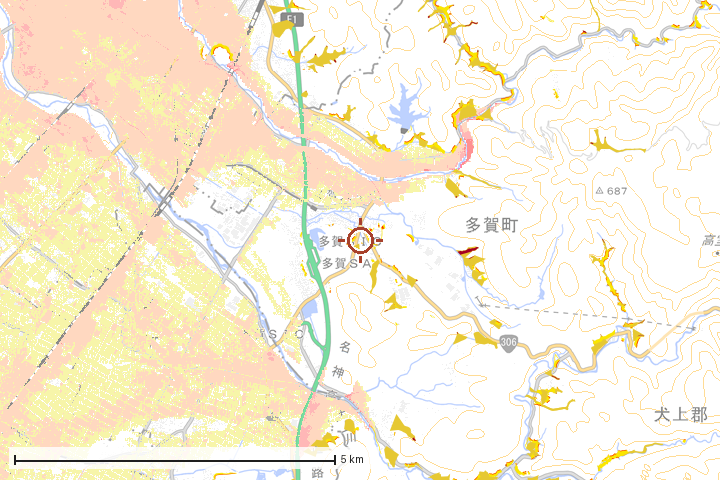 多賀町周辺のハザード重ね図