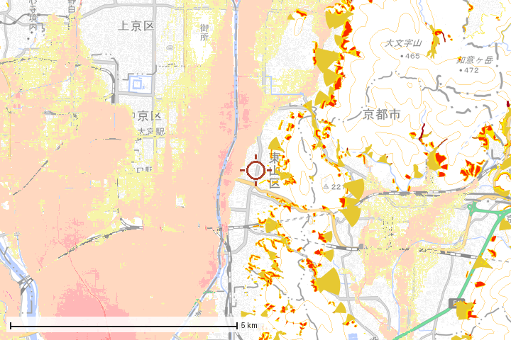 京都市東山区周辺のハザード重ね図