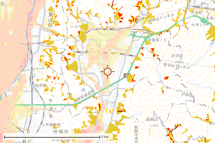 京都市山科区周辺のハザード重ね図