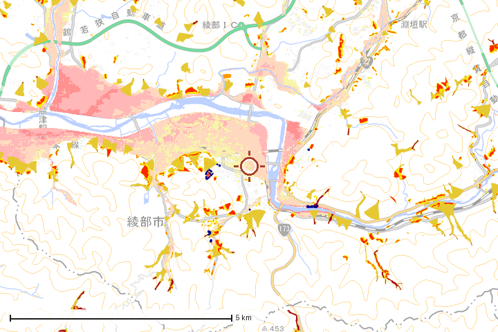 綾部市周辺のハザード重ね図