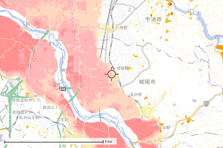 城陽市周辺のハザード重ね図