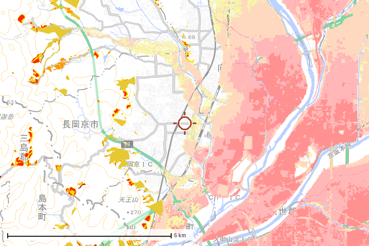 長岡京市周辺のハザード重ね図