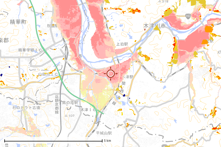 木津川市周辺のハザード重ね図