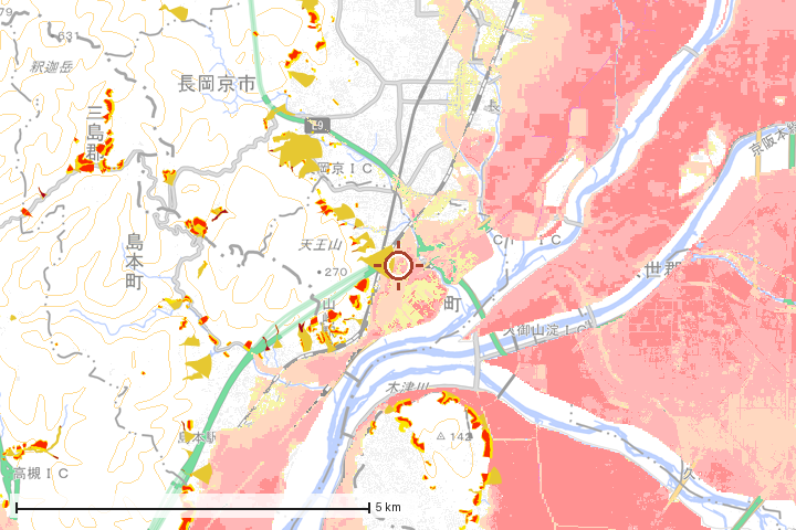 大山崎町周辺のハザード重ね図