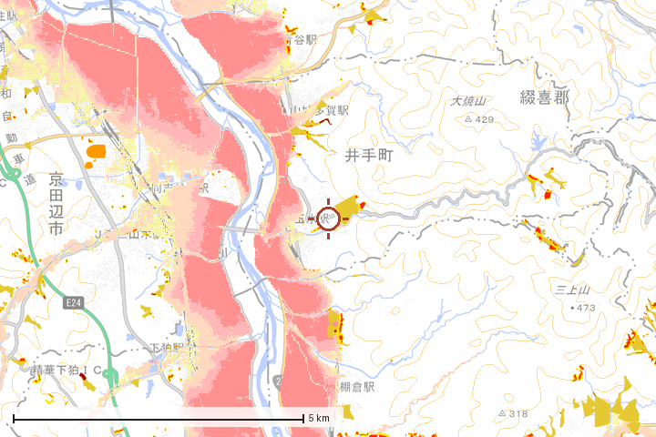 井手町周辺のハザード重ね図