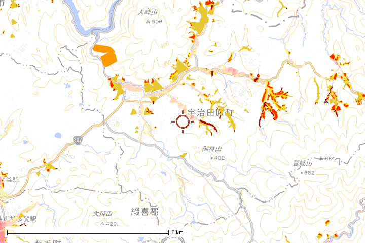 宇治田原町周辺のハザード重ね図