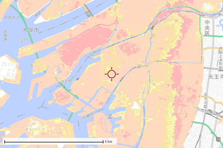 大阪市港区周辺のハザード重ね図